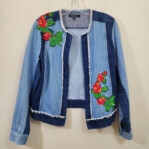 Relativity open front raw edge beaded & sequin floral jean jacket woman's size M